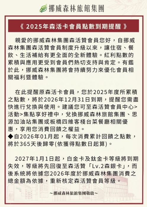2025年森活卡會員點數到期提醒