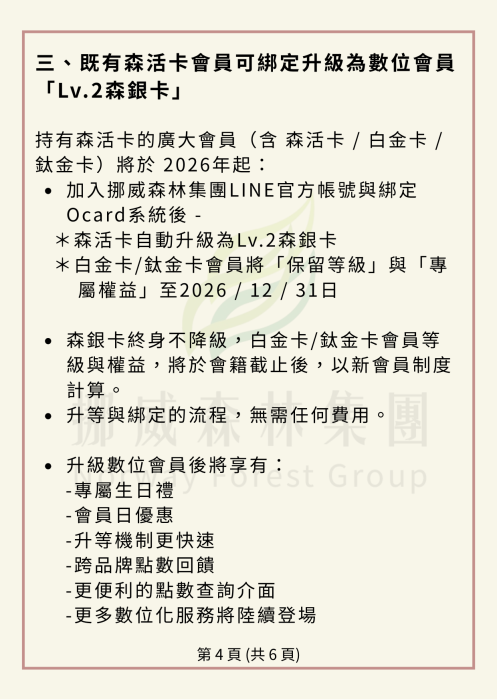 既有森活卡會員可綁定升級為數位會員「Lv.2森銀卡」 持有森活卡的廣大會員（含 森活卡 / 白金卡 / 鈦金卡）將於 2026年起： 	加入挪威森林集團LINE官方帳號與綁定Ocard系統後 -  ＊森活卡自動升級為Lv.2森銀卡 ＊白金卡/鈦金卡會員將「保留等級」與「專屬權益」至2026 / 12 / 31日 	森銀卡終身不降級，白金卡/鈦金卡會員等級與權益，將於會籍截止後，以新會員制度計算。 	升等與綁定的流程，無需任何費用。 升級數位會員後將享有： •	專屬生日禮 •	會員日優惠 •	升等機制更快速 •	跨品牌點數回饋 •	更便利的點數查詢介面 •	更多數位化服務將陸續登場